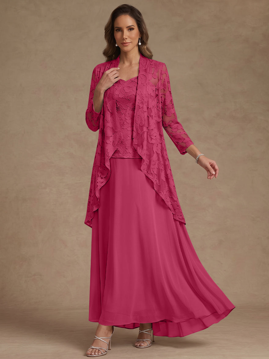 Ensemble 3 pièces, robe ligne A/princesse, décolleté en V, mousseline, pour mère de la mariée, avec veste, dentelle, longueur de la cheville, manches 3/4