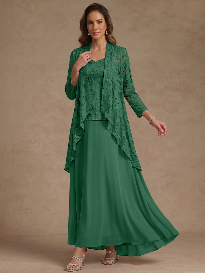 Ensemble 3 pièces, robe ligne A/princesse, décolleté en V, mousseline, pour mère de la mariée, avec veste, dentelle, longueur de la cheville, manches 3/4