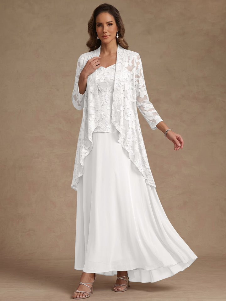 Ensemble 3 pièces, robe ligne A/princesse, décolleté en V, mousseline, pour mère de la mariée, avec veste, dentelle, longueur de la cheville, manches 3/4