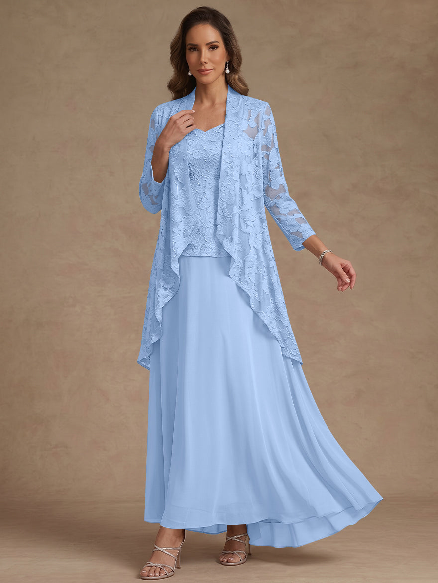 Ensemble 3 pièces, robe ligne A/princesse, décolleté en V, mousseline, pour mère de la mariée, avec veste, dentelle, longueur de la cheville, manches 3/4