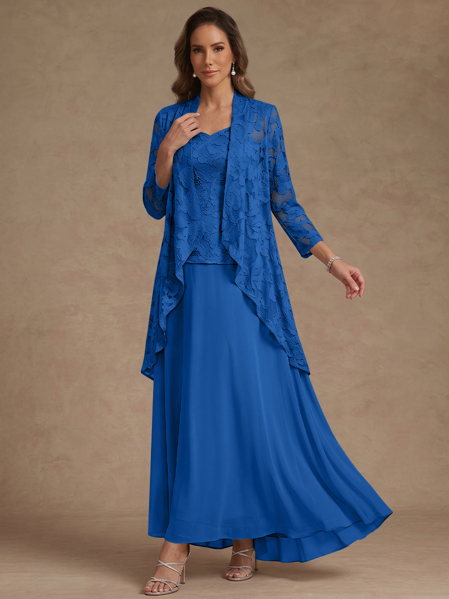 Ensemble 3 pièces, robe ligne A/princesse, décolleté en V, mousseline, pour mère de la mariée, avec veste, dentelle, longueur de la cheville, manches 3/4