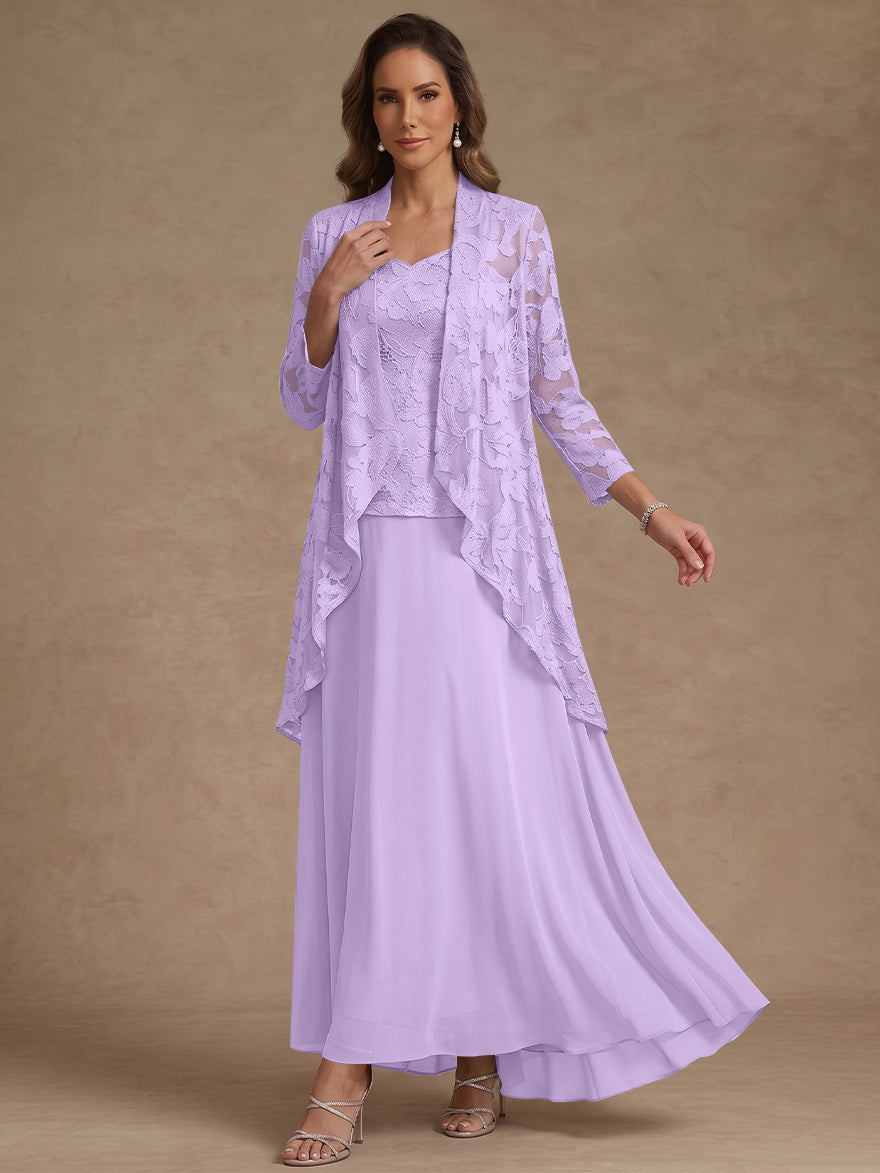 Ensemble 3 pièces, robe ligne A/princesse, décolleté en V, mousseline, pour mère de la mariée, avec veste, dentelle, longueur de la cheville, manches 3/4