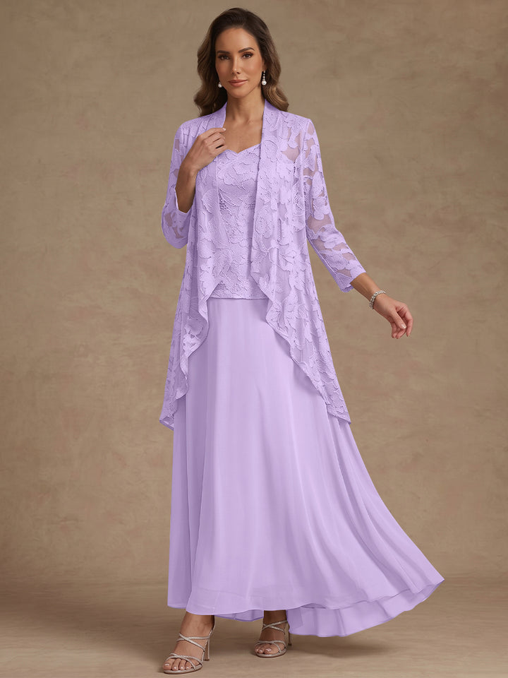 Ensemble 3 pièces, robe ligne A/princesse, décolleté en V, mousseline, pour mère de la mariée, avec veste, dentelle, longueur de la cheville, manches 3/4