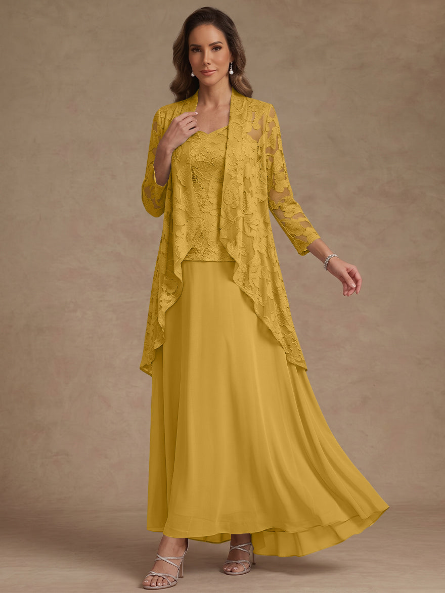 Ensemble 3 pièces, robe ligne A/princesse, décolleté en V, mousseline, pour mère de la mariée, avec veste, dentelle, longueur de la cheville, manches 3/4
