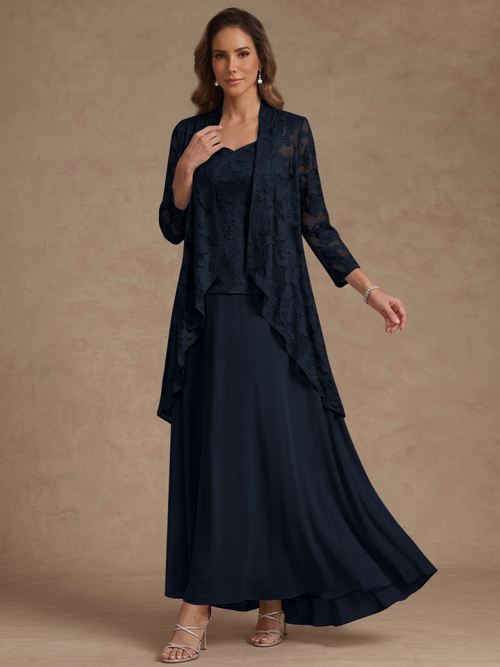 Ensemble 3 pièces, robe ligne A/princesse, décolleté en V, mousseline, pour mère de la mariée, avec veste, dentelle, longueur de la cheville, manches 3/4