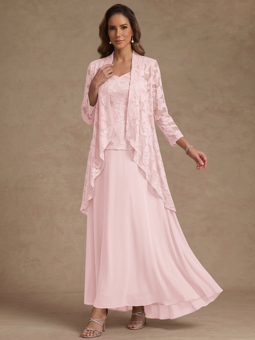 Ensemble 3 pièces, robe ligne A/princesse, décolleté en V, mousseline, pour mère de la mariée, avec veste, dentelle, longueur de la cheville, manches 3/4