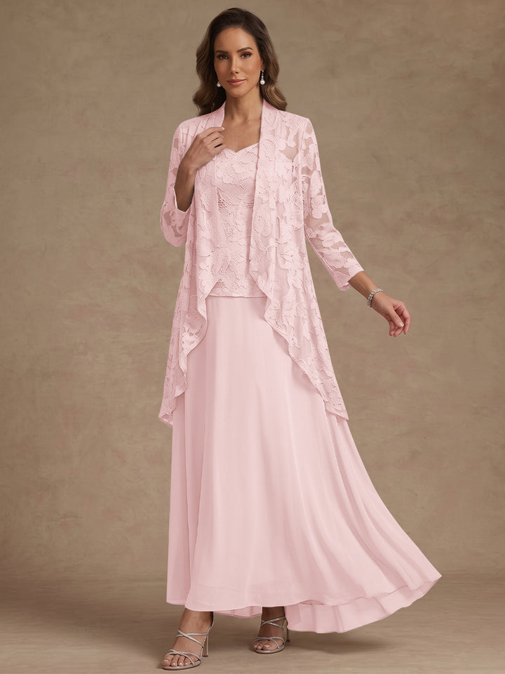 Ensemble 3 pièces, robe ligne A/princesse, décolleté en V, mousseline, pour mère de la mariée, avec veste, dentelle, longueur de la cheville, manches 3/4