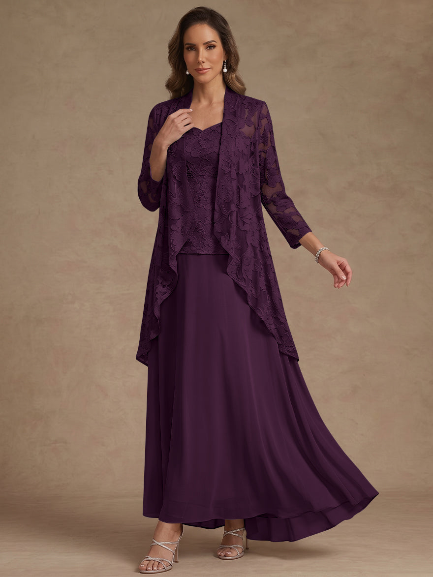 Ensemble 3 pièces, robe ligne A/princesse, décolleté en V, mousseline, pour mère de la mariée, avec veste, dentelle, longueur de la cheville, manches 3/4