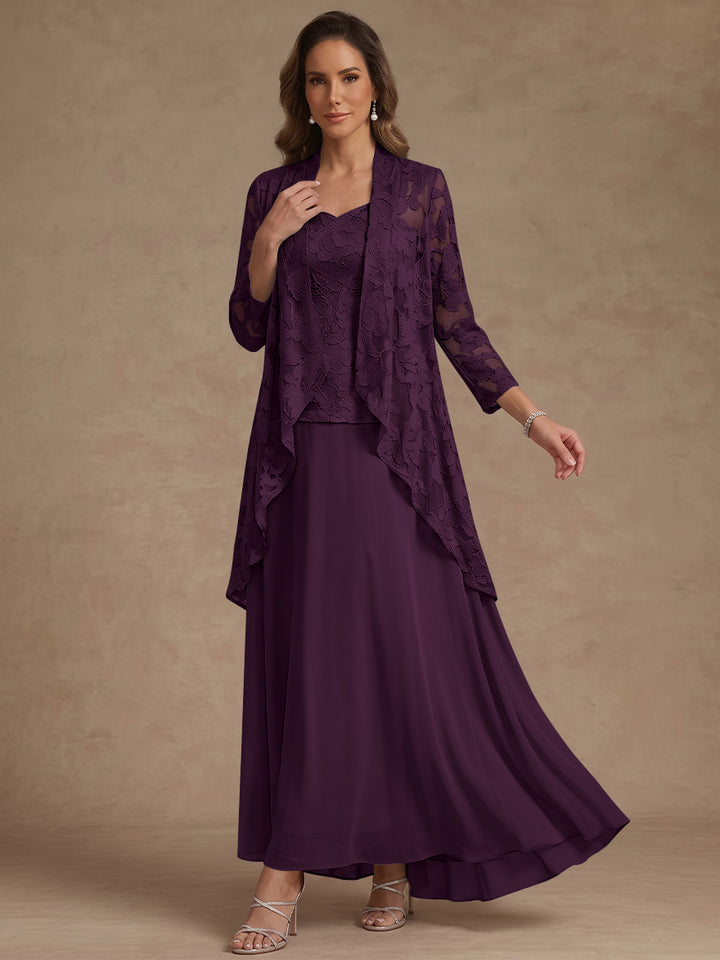 Ensemble 3 pièces, robe ligne A/princesse, décolleté en V, mousseline, pour mère de la mariée, avec veste, dentelle, longueur de la cheville, manches 3/4
