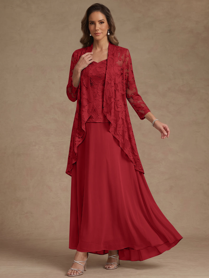 Ensemble 3 pièces, robe ligne A/princesse, décolleté en V, mousseline, pour mère de la mariée, avec veste, dentelle, longueur de la cheville, manches 3/4