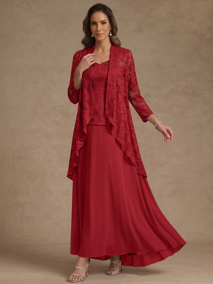 Ensemble 3 pièces, robe ligne A/princesse, décolleté en V, mousseline, pour mère de la mariée, avec veste, dentelle, longueur de la cheville, manches 3/4