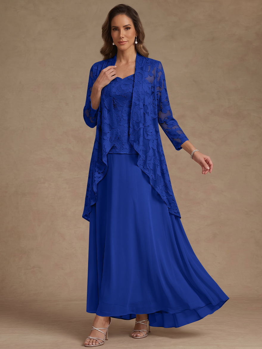 Ensemble 3 pièces, robe ligne A/princesse, décolleté en V, mousseline, pour mère de la mariée, avec veste, dentelle, longueur de la cheville, manches 3/4