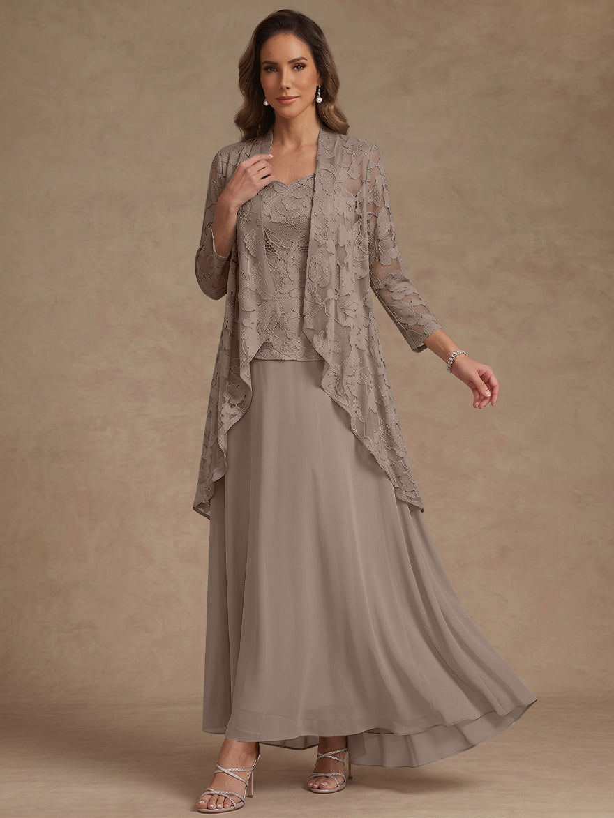 Ensemble 3 pièces, robe ligne A/princesse, décolleté en V, mousseline, pour mère de la mariée, avec veste, dentelle, longueur de la cheville, manches 3/4