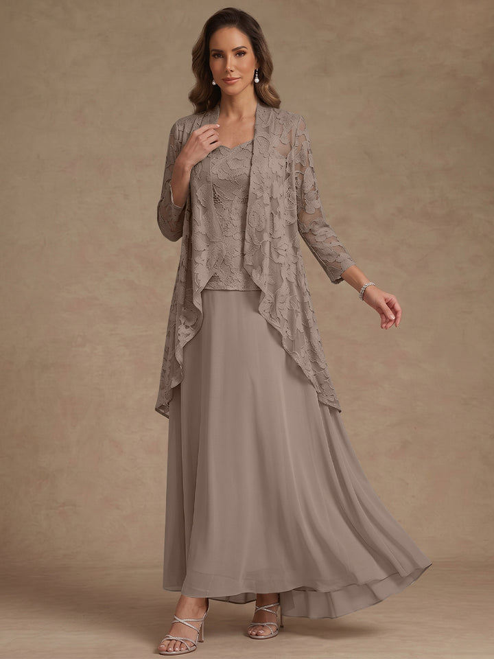 Ensemble 3 pièces, robe ligne A/princesse, décolleté en V, mousseline, pour mère de la mariée, avec veste, dentelle, longueur de la cheville, manches 3/4