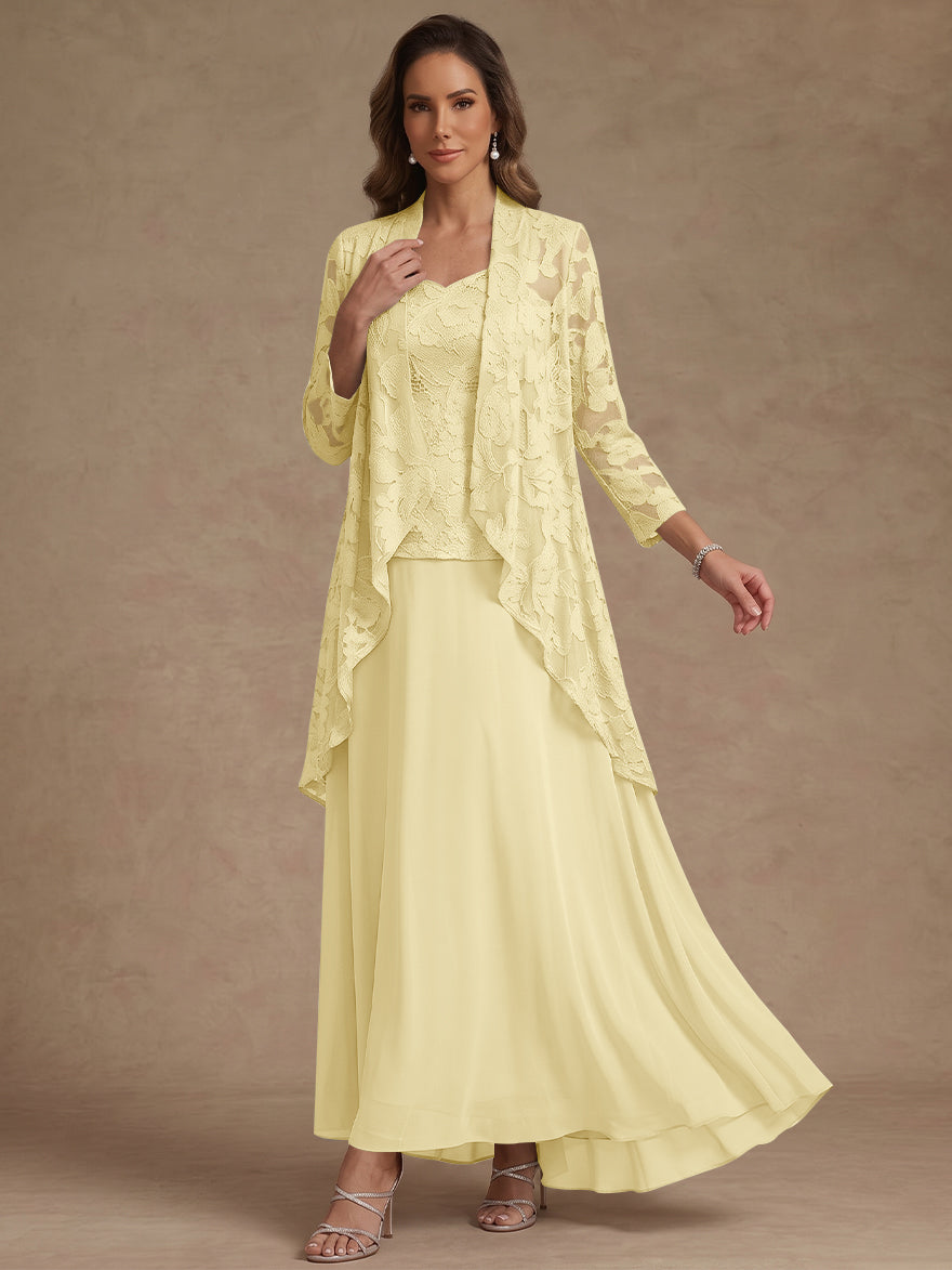 Ensemble 3 pièces, robe ligne A/princesse, décolleté en V, mousseline, pour mère de la mariée, avec veste, dentelle, longueur de la cheville, manches 3/4
