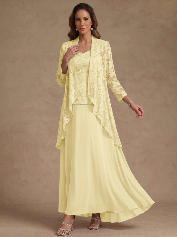 Ensemble 3 pièces, robe ligne A/princesse, décolleté en V, mousseline, pour mère de la mariée, avec veste, dentelle, longueur de la cheville, manches 3/4