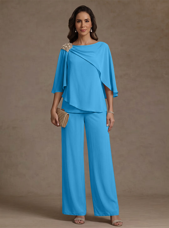 Ensemble pantalon 2 pièces pour mère de la mariée, col bateau en mousseline, manches cape, longueur cheville, strass