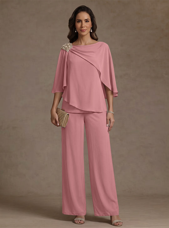 Ensemble pantalon 2 pièces pour mère de la mariée, col bateau en mousseline, manches cape, longueur cheville, strass