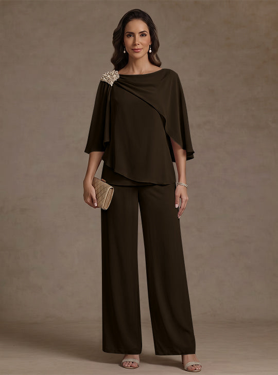 Ensemble pantalon 2 pièces pour mère de la mariée, col bateau en mousseline, manches cape, longueur cheville, strass