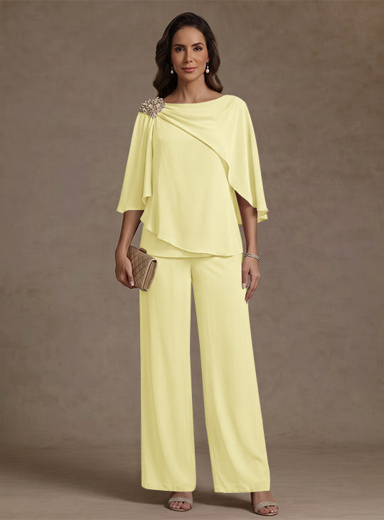 Ensemble pantalon 2 pièces pour mère de la mariée, col bateau en mousseline, manches cape, longueur cheville, strass