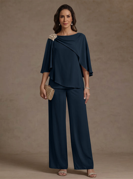 Ensemble pantalon 2 pièces pour mère de la mariée, col bateau en mousseline, manches cape, longueur cheville, strass