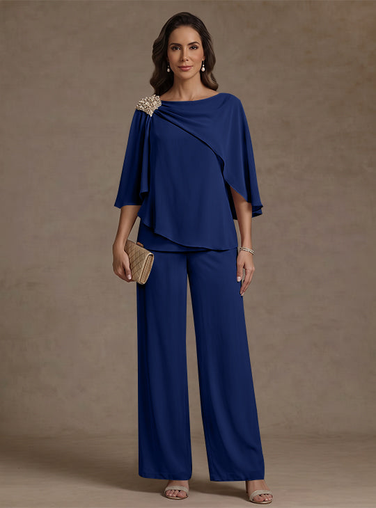 Ensemble pantalon 2 pièces pour mère de la mariée, col bateau en mousseline, manches cape, longueur cheville, strass