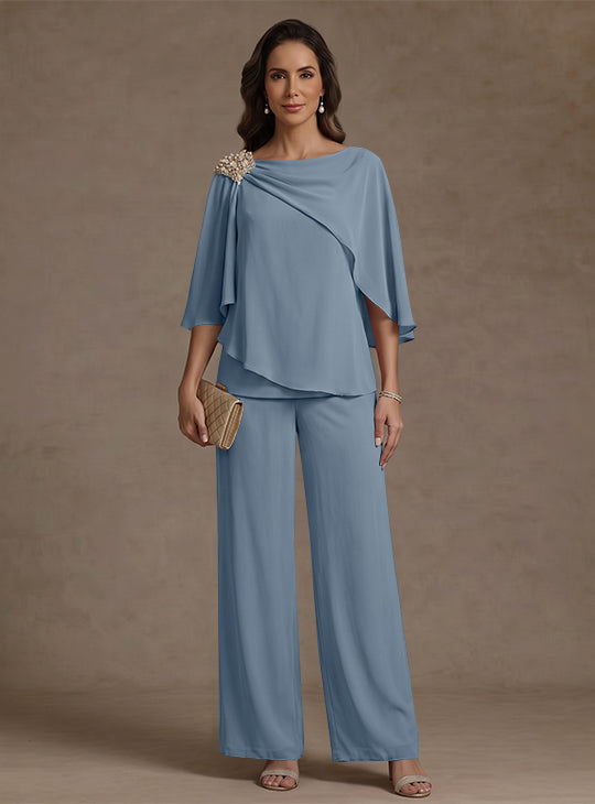 Ensemble pantalon 2 pièces pour mère de la mariée, col bateau en mousseline, manches cape, longueur cheville, strass
