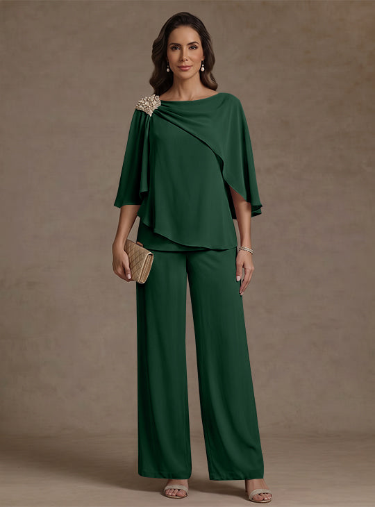Ensemble pantalon 2 pièces pour mère de la mariée, col bateau en mousseline, manches cape, longueur cheville, strass