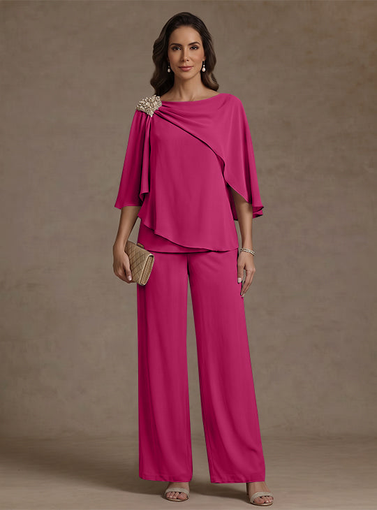 Ensemble pantalon 2 pièces pour mère de la mariée, col bateau en mousseline, manches cape, longueur cheville, strass