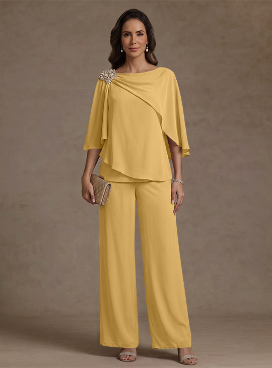 Ensemble pantalon 2 pièces pour mère de la mariée, col bateau en mousseline, manches cape, longueur cheville, strass