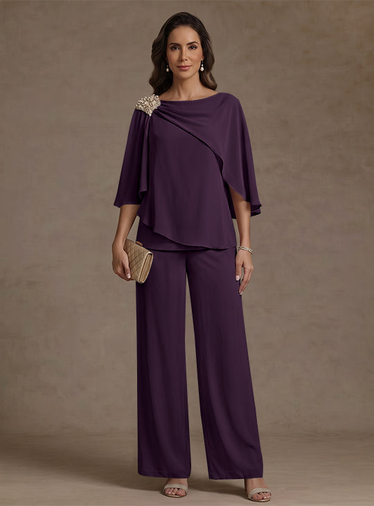 Ensemble pantalon 2 pièces pour mère de la mariée, col bateau en mousseline, manches cape, longueur cheville, strass