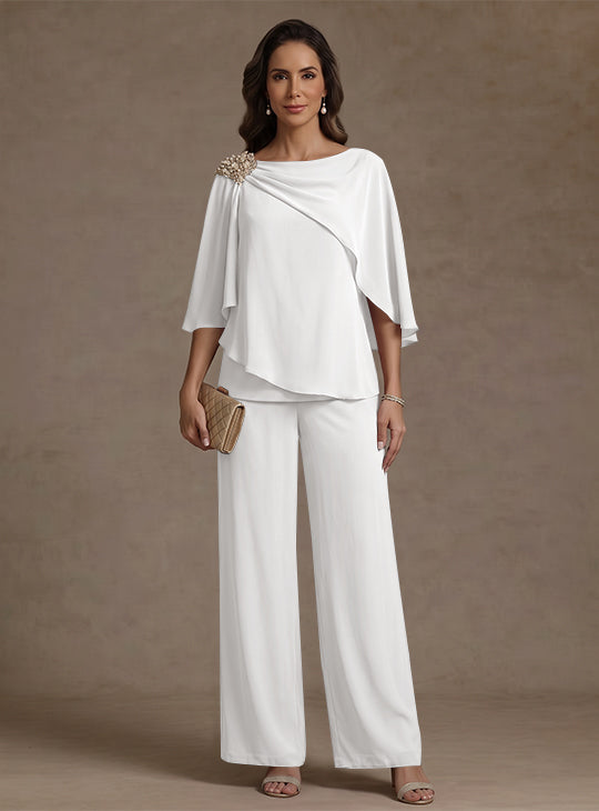 Ensemble pantalon 2 pièces pour mère de la mariée, col bateau en mousseline, manches cape, longueur cheville, strass