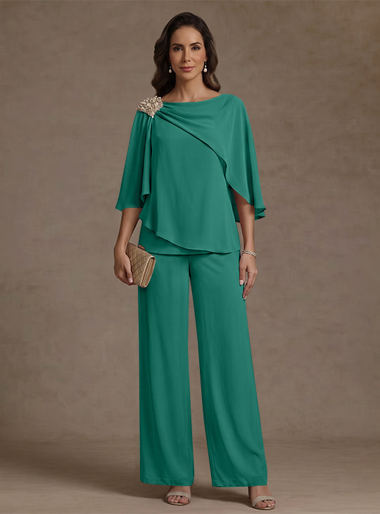 Ensemble pantalon 2 pièces pour mère de la mariée, col bateau en mousseline, manches cape, longueur cheville, strass