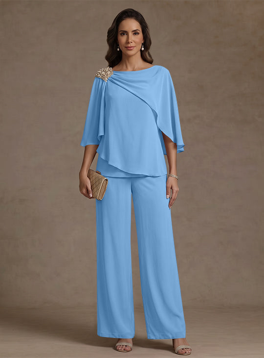 Ensemble pantalon 2 pièces pour mère de la mariée, col bateau en mousseline, manches cape, longueur cheville, strass