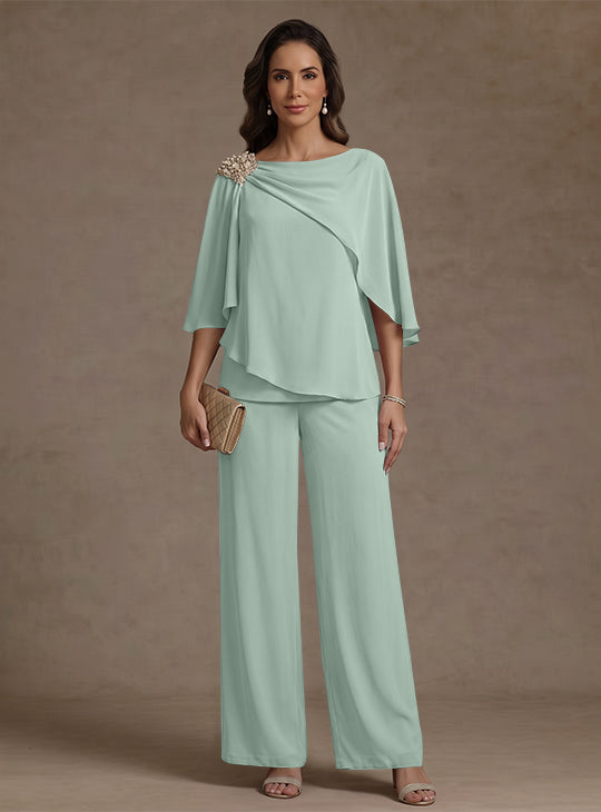 Ensemble pantalon 2 pièces pour mère de la mariée, col bateau en mousseline, manches cape, longueur cheville, strass