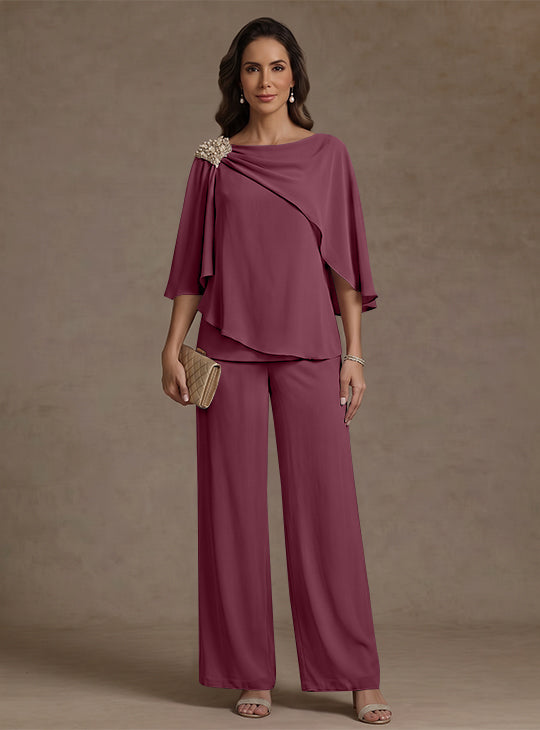 Ensemble pantalon 2 pièces pour mère de la mariée, col bateau en mousseline, manches cape, longueur cheville, strass