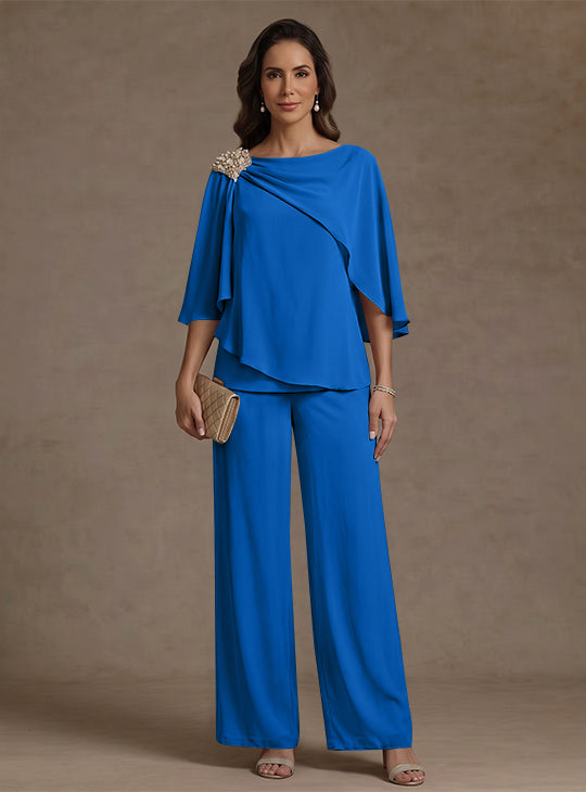 Ensemble pantalon 2 pièces pour mère de la mariée, col bateau en mousseline, manches cape, longueur cheville, strass