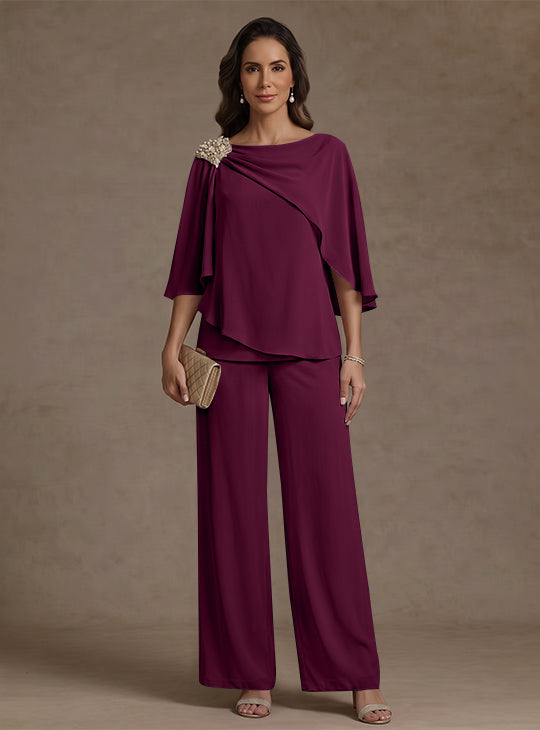 Ensemble pantalon 2 pièces pour mère de la mariée, col bateau en mousseline, manches cape, longueur cheville, strass