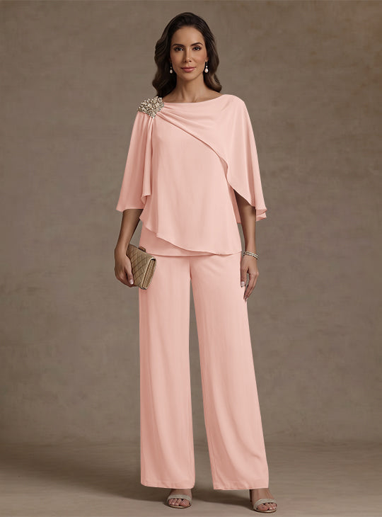 Ensemble pantalon 2 pièces pour mère de la mariée, col bateau en mousseline, manches cape, longueur cheville, strass