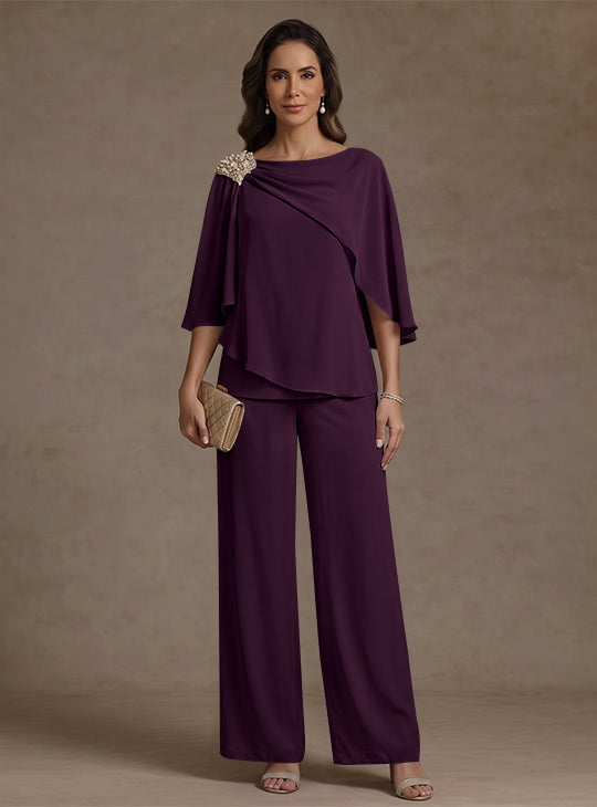Ensemble pantalon 2 pièces pour mère de la mariée, col bateau en mousseline, manches cape, longueur cheville, strass