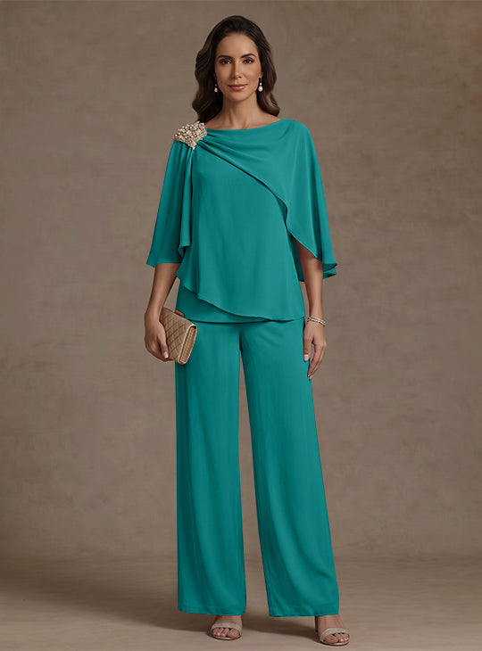 Ensemble pantalon 2 pièces pour mère de la mariée, col bateau en mousseline, manches cape, longueur cheville, strass