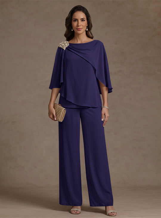 Ensemble pantalon 2 pièces pour mère de la mariée, col bateau en mousseline, manches cape, longueur cheville, strass