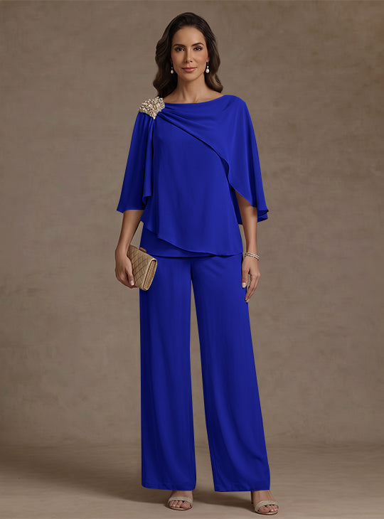 Ensemble pantalon 2 pièces pour mère de la mariée, col bateau en mousseline, manches cape, longueur cheville, strass