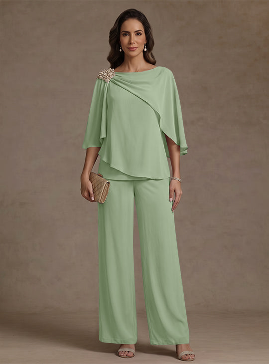 Ensemble pantalon 2 pièces pour mère de la mariée, col bateau en mousseline, manches cape, longueur cheville, strass