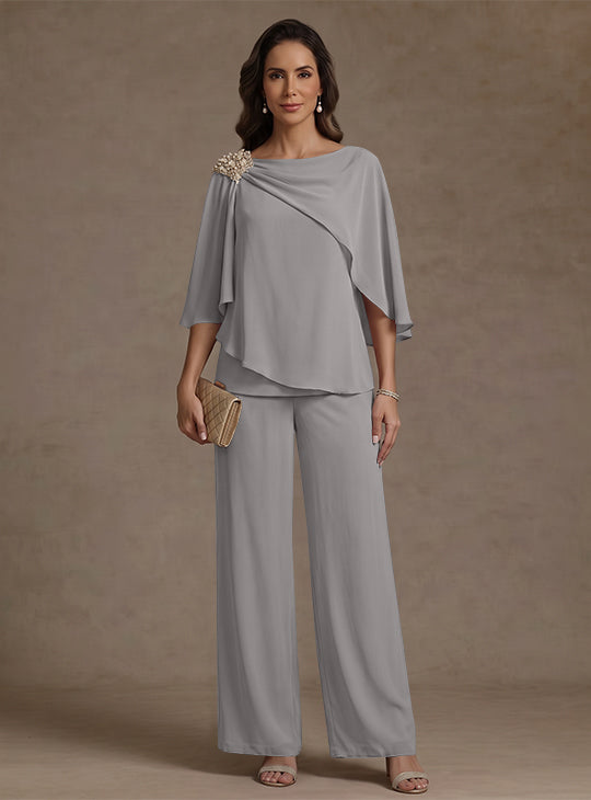 Ensemble pantalon 2 pièces pour mère de la mariée, col bateau en mousseline, manches cape, longueur cheville, strass