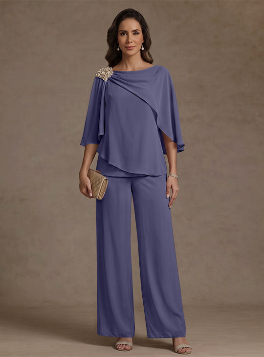 Ensemble pantalon 2 pièces pour mère de la mariée, col bateau en mousseline, manches cape, longueur cheville, strass