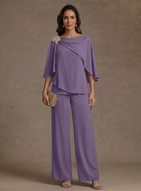 Ensemble pantalon 2 pièces pour mère de la mariée, col bateau en mousseline, manches cape, longueur cheville, strass