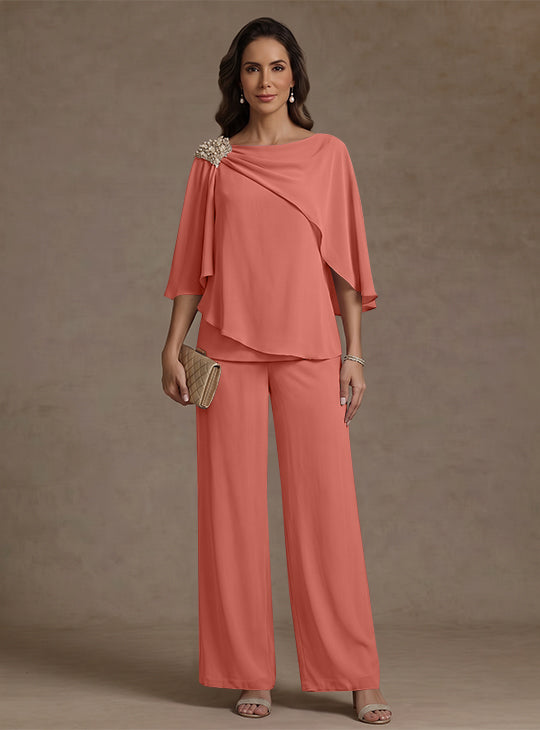 Ensemble pantalon 2 pièces pour mère de la mariée, col bateau en mousseline, manches cape, longueur cheville, strass