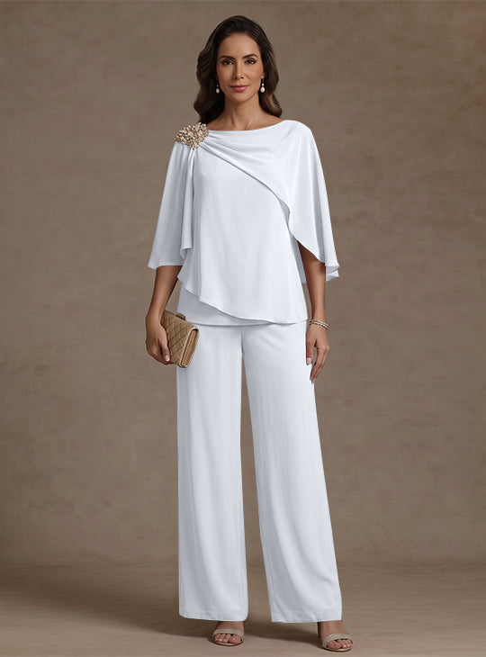 Ensemble pantalon 2 pièces pour mère de la mariée, col bateau en mousseline, manches cape, longueur cheville, strass