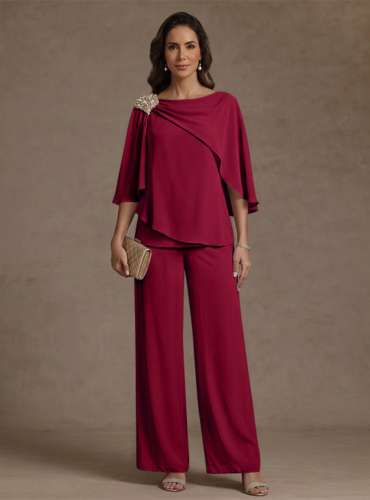 Ensemble pantalon 2 pièces pour mère de la mariée, col bateau en mousseline, manches cape, longueur cheville, strass